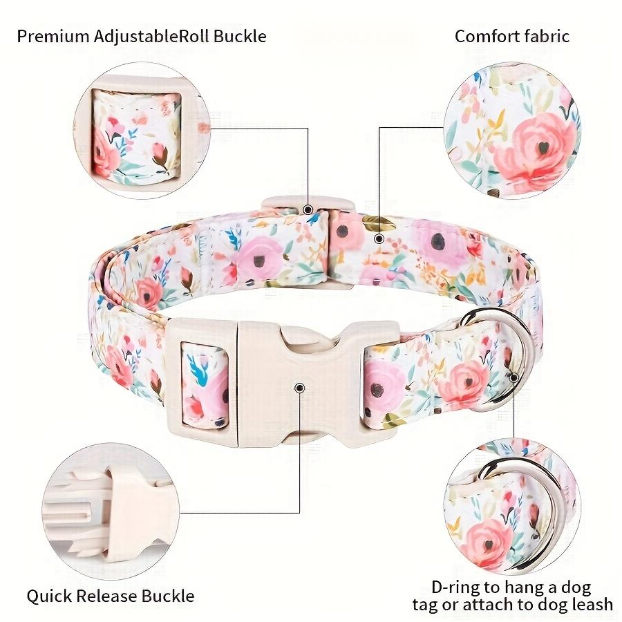 1Pc Adjustable Dog Collar, Fresh White Pink Floral Print, Durable Polyester Material