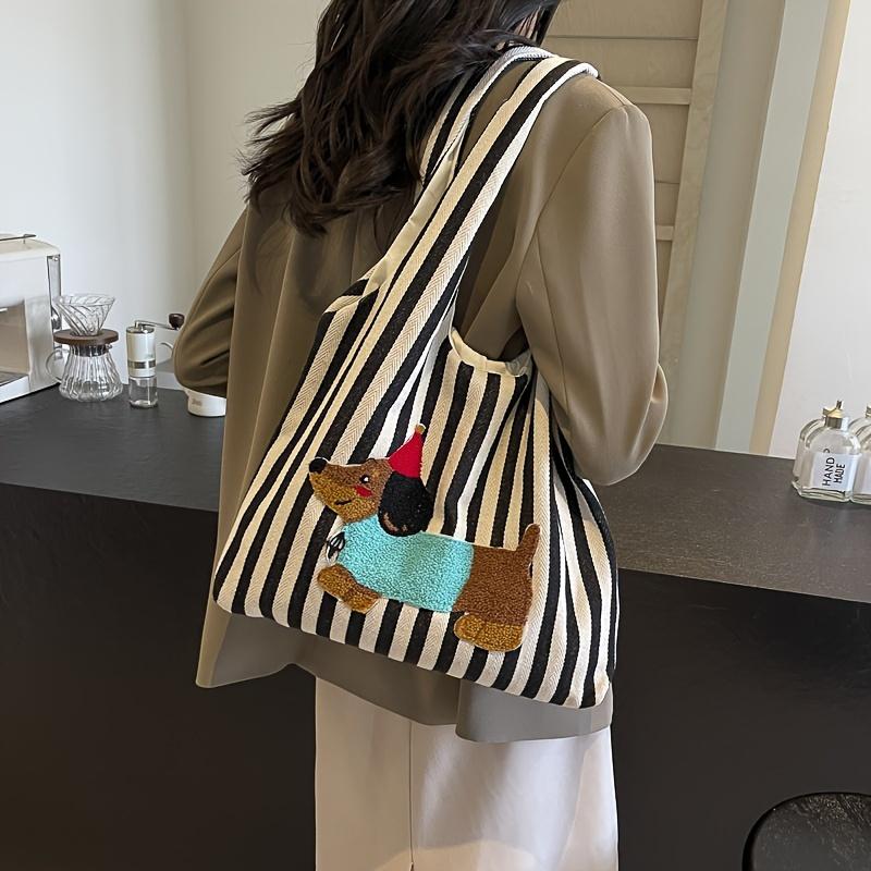 A Stylish and Casual Striped Tote Bag Featuring a Cute and Fun Dachshund Embroidery Pattern, Durable Bag Has a Nylon Lining, Suitable for Charming