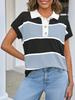 Women's Striped Short Sleeve Knit Sweater V Neck Button Down Color Block Loose Top