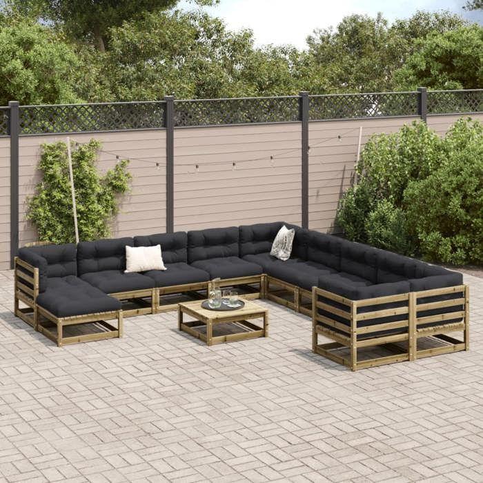VidaXL Salon de jardin avec coussins 12 pcs bois de pin imprégné, ensemble de canapés d'extérieur, ensemble de canapés de 3299657