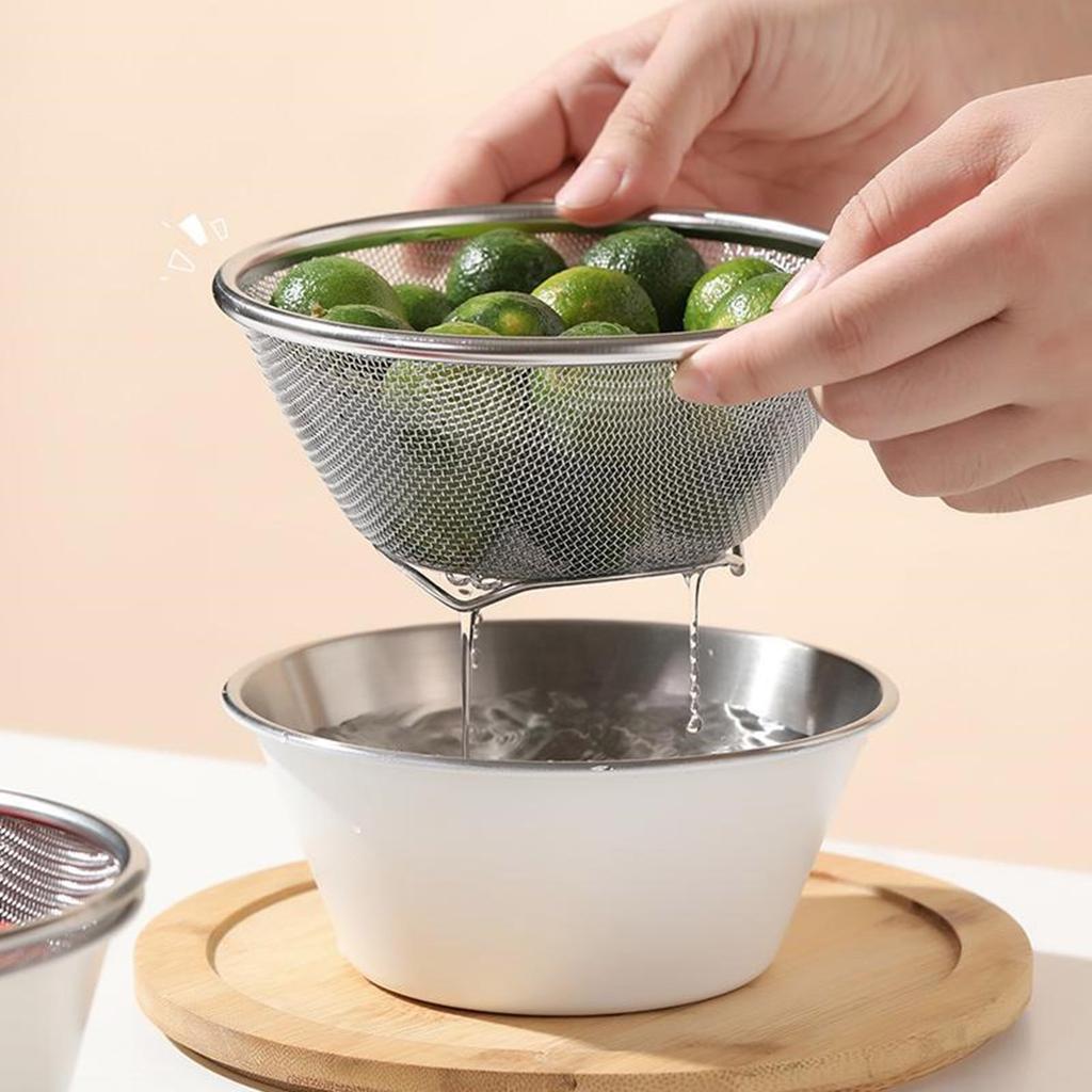 Stainless Steel Kitchen Colander with Bowl Set Small Food Rice Strainer Fruit Washing Basket for Food Preparation Tool