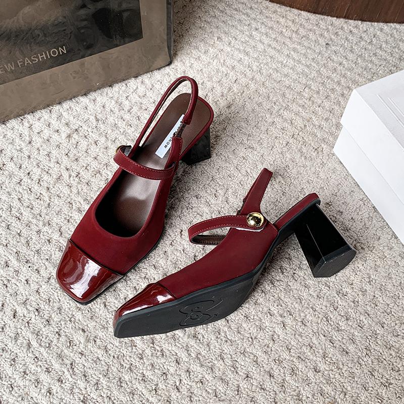 Fashion Summer Genuine Leather Toe Block Heel Mary Jane Shoes Women's High Heels Fashion Women's Shoes Comfortable and Elegant Sandals