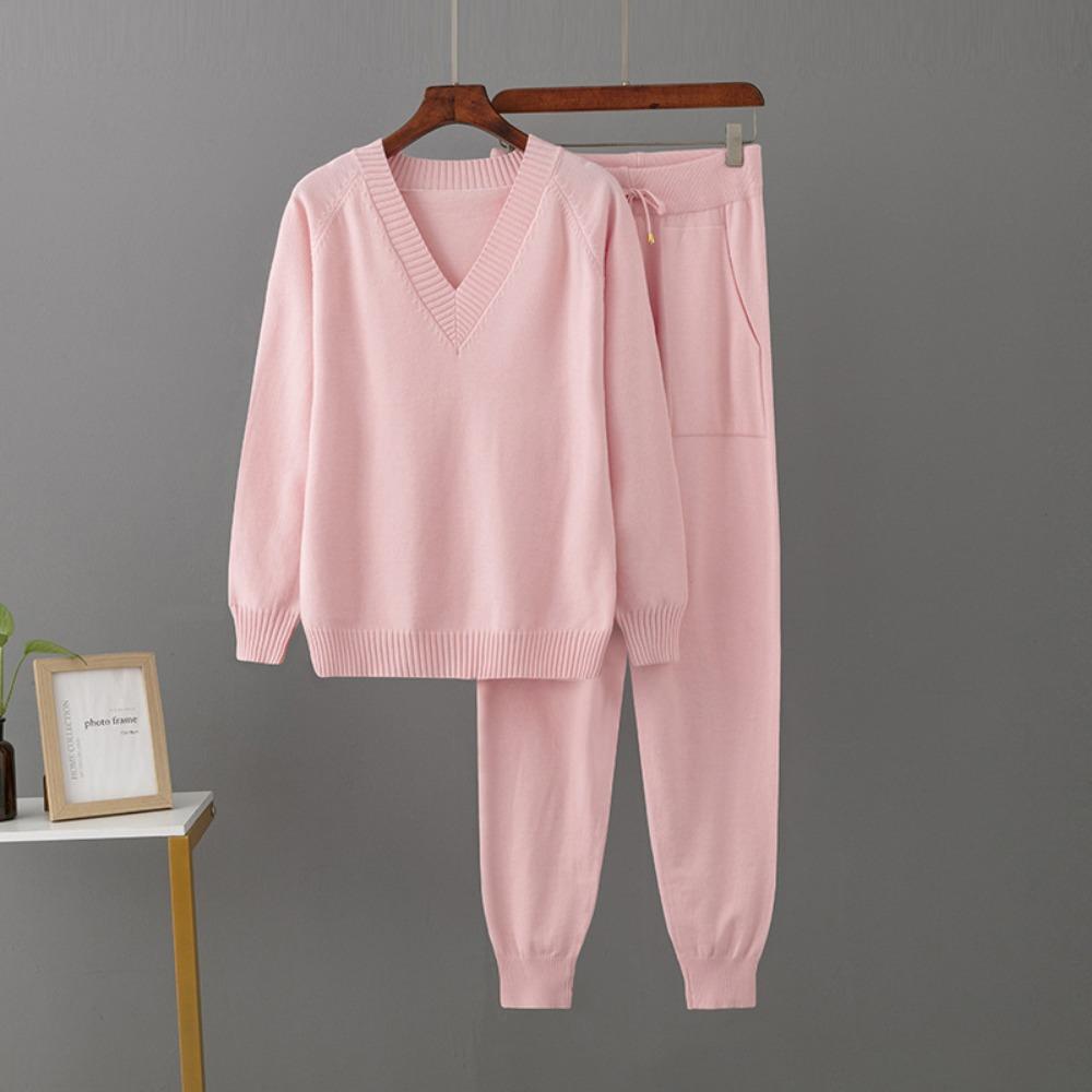 Women's Autumn Winter V Neck Sweater Two Piece Set Knitted Pants Suits Fashion Casual Pullover Tracksuits Outwear