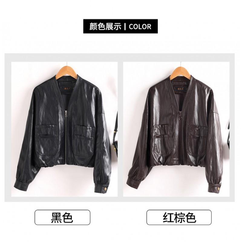 Womens Soft Lamb Leather POLO Collar Jacket Casual Outerwear Slim Fit Lightweight Coat