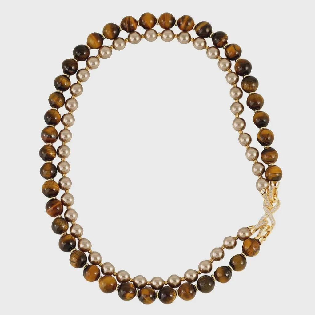 Champagne Double-Layer Tiger Eye & Pearl Necklace with 8-Shaped Buckle
