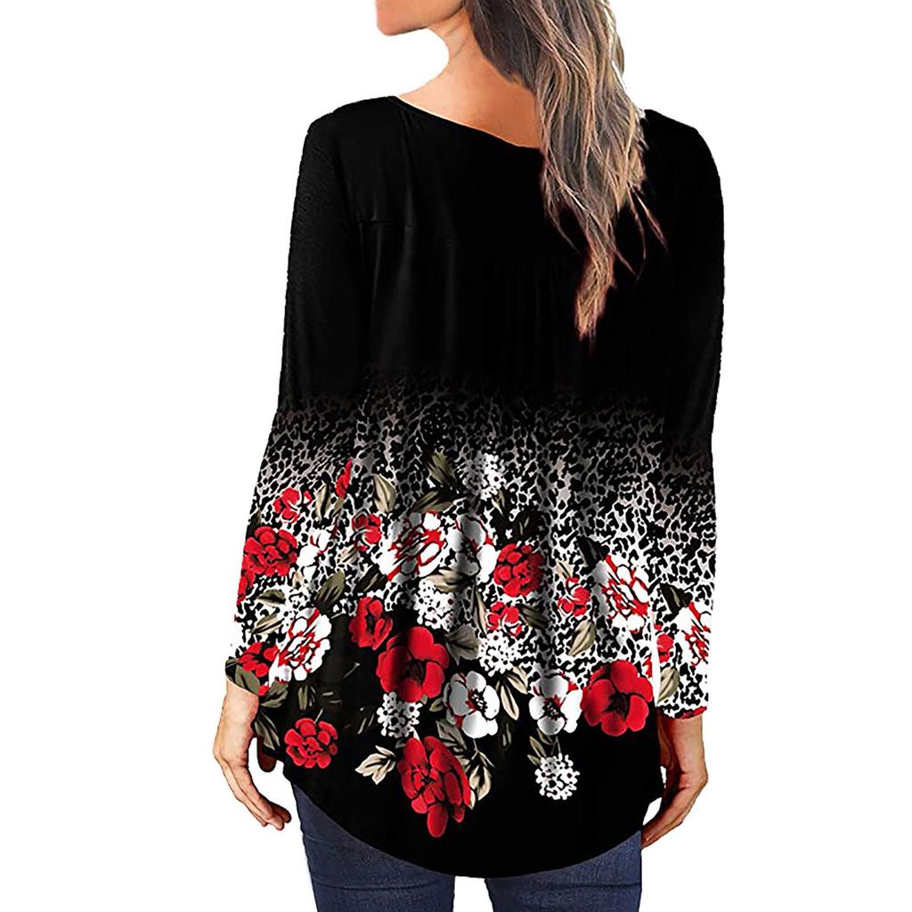 Women's Fashion Button Print Loose Casual Long-Sleeved T-Shirt Tops
