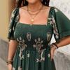 Dark Green Floral Print Square Neck Bubble Sleeve Midi Dress
