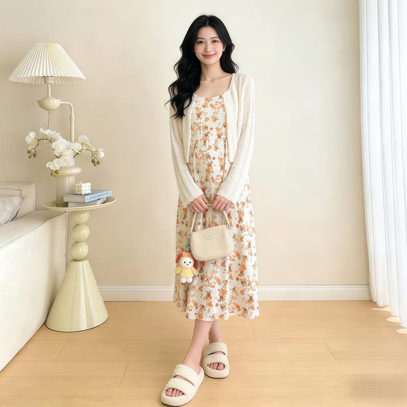 2026 Summer Maternity Ice Silk Knit Cardigan & Camisole Dress Set