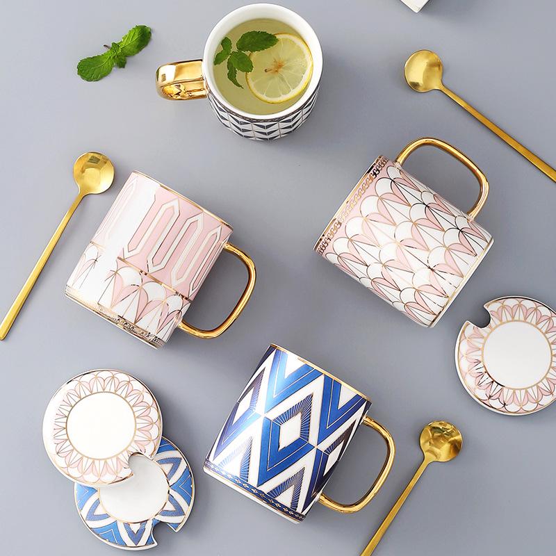 British Style Matching Ceramic Mug Set with Lids - High-End Coffee and Water Cups