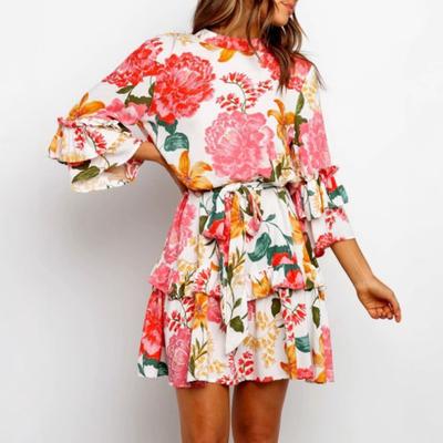 Rochie scurtă de damă cu imprimeu floral Gât rotund 45720 Rochie evazată cu mânecă volane
