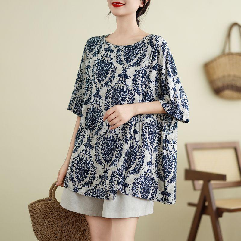 Haut décontracté d'été pour femme, vintage, imprimé floral, ample, col rond, manches courtes