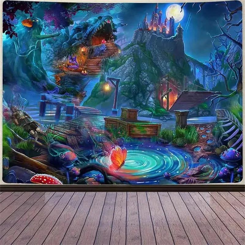 Fantasy Castle Tapestry, Magical Forest Night Moon Scenery Wall Hanging for Bedroom Living Room Home Decor 100X70CM