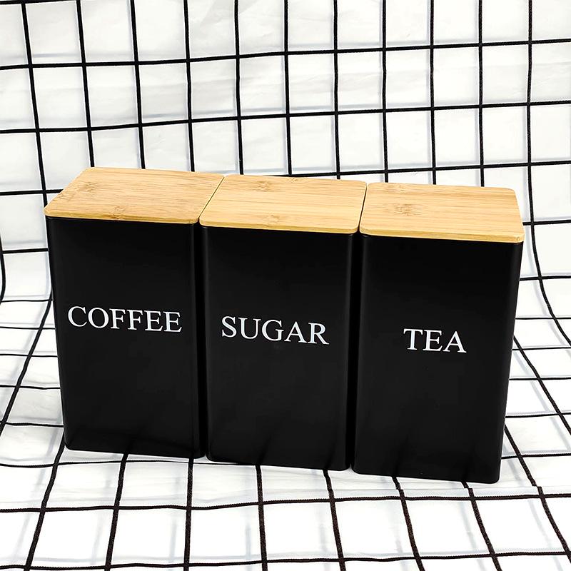 Bamboo Lid Square Metal Storage Tin for Coffee, Sugar, Tea - European American Style