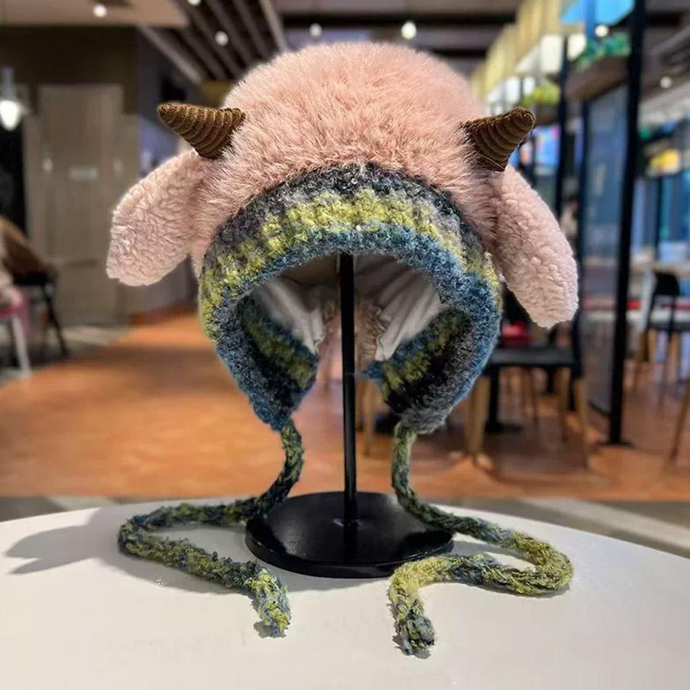 Cute Christmas Antler Hat, 2-in-1 Winter Warm Knitted Reindeer Beanie Beret Plush Earflap Skull Caps Christmas Holiday Dress Up