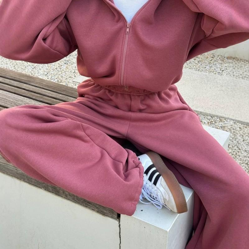 Womens 2-Piece Casual Set Half-Zip Stand Collar Short Top Loose Lantern Sleeve Wide Leg Pants