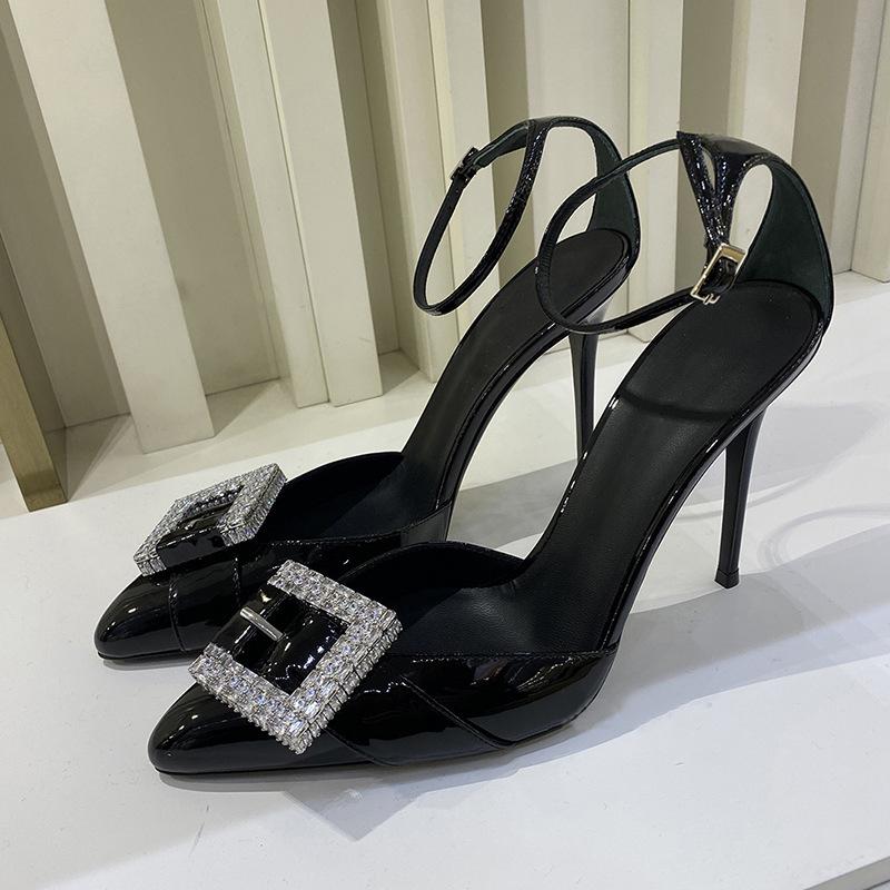 Fashion Fashion Word Belt After The Empty Single Shoes Bao Toe Sandals 2025 Spring New Square Buckle Pointed High Heels For Women Stilet