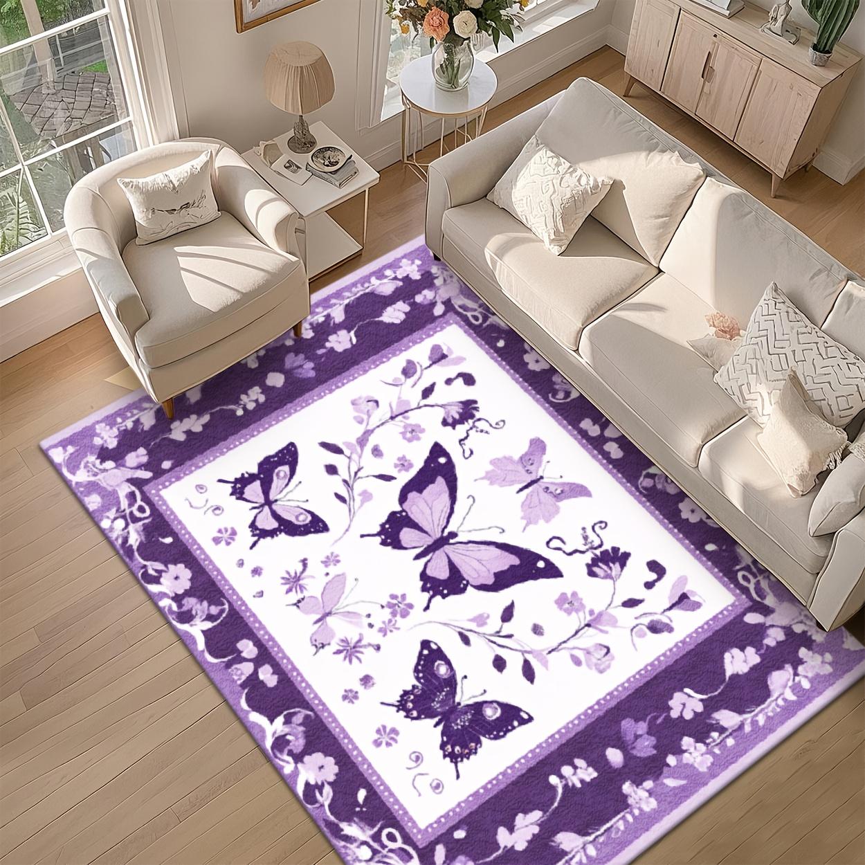 

Luxury Cashmere-Like Floral & Butterfly Print Carpet - Plush Soft with Non-Slip Rubber Backing, Elegant Purple & White - Machine Washable 80cm x 120cm