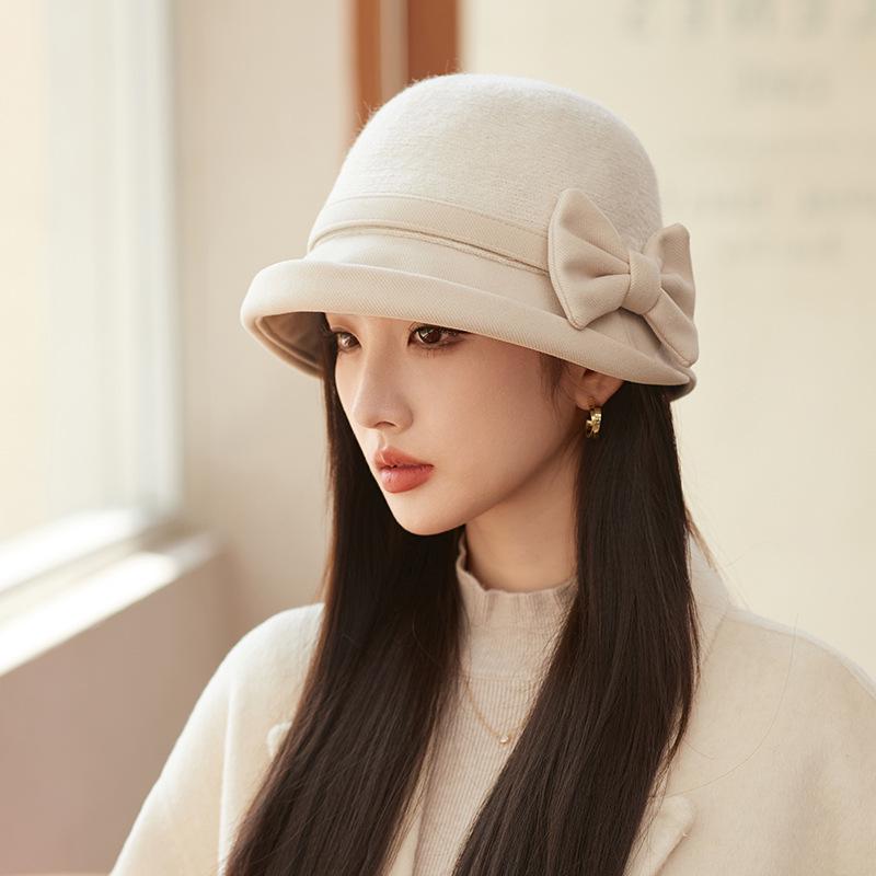 Women's Winter Wool Felt Elegant Bow Bucket Hat