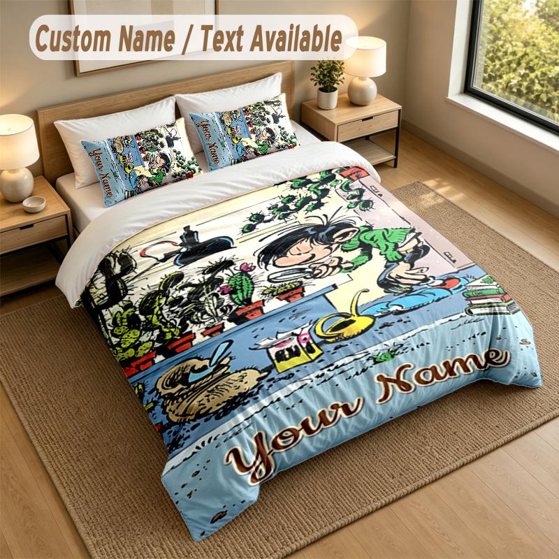 3Pcs Bedding Set Custom Name Text, 1 Sheet 2 Pillowcases Home Bed DecorGaston Lagaffe