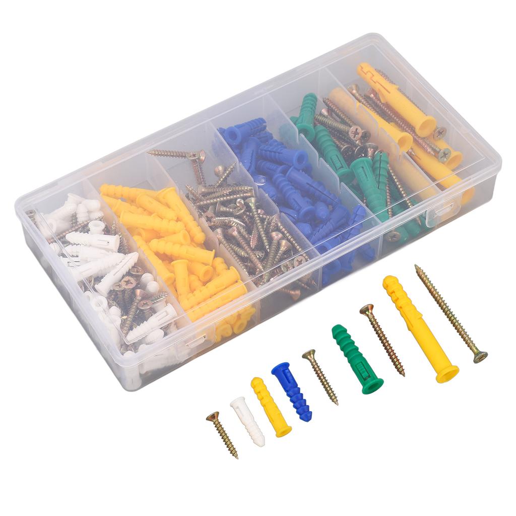 232 Stück Selbstschneidende Schraube Flachkreuzkopf Kohlenstoffstahl 5 Typen Befestigungselement-Set-Kit mit Kunststoffdübel