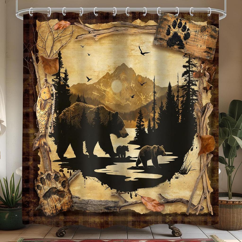 Rustic Bear Cabin Shower Curtain, Western Lodge Mountain Animal Design, Waterproof Polyester With Hooks