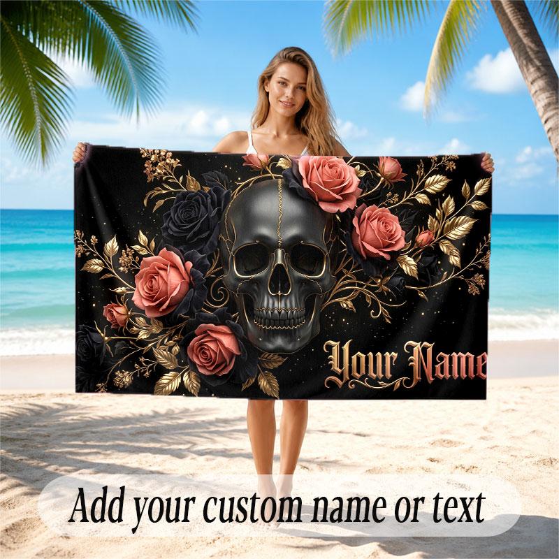 Skull Gothic Theme Beach Towel Personalized Custom Name & Text Soft Quick Dry Beach Towel for Swimming Travel