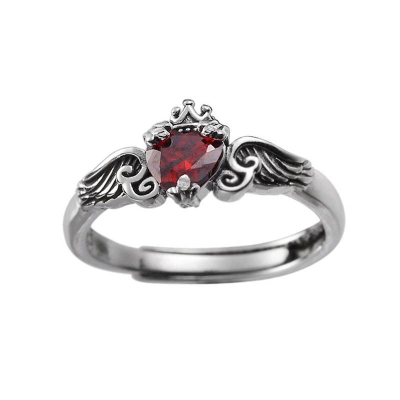 

Love Heart Red Zircon Rings for Women Retro Gothic Crown Wing Silvery Ring Fashion Jewelry resizable