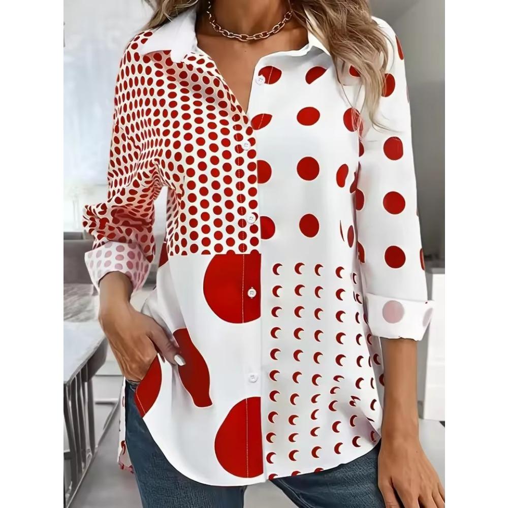 Elegant Women's Shirt Fashion Colour Blocking 3D Printing Lapel Button Down Shirts Autumn Blouses Casual Women's Long Sleeve Top