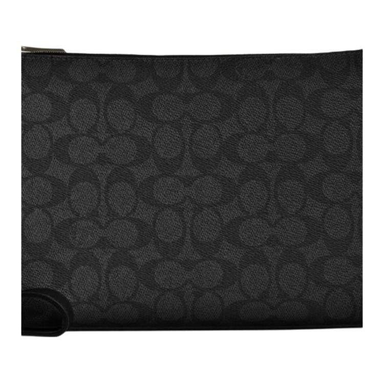 Coach 27 Top Zip Closure Detachable Wrist Strap Faux Leather Clutch Bag Large Men Clutch Bag Charcoal-Black Black CCF32-QBMI5