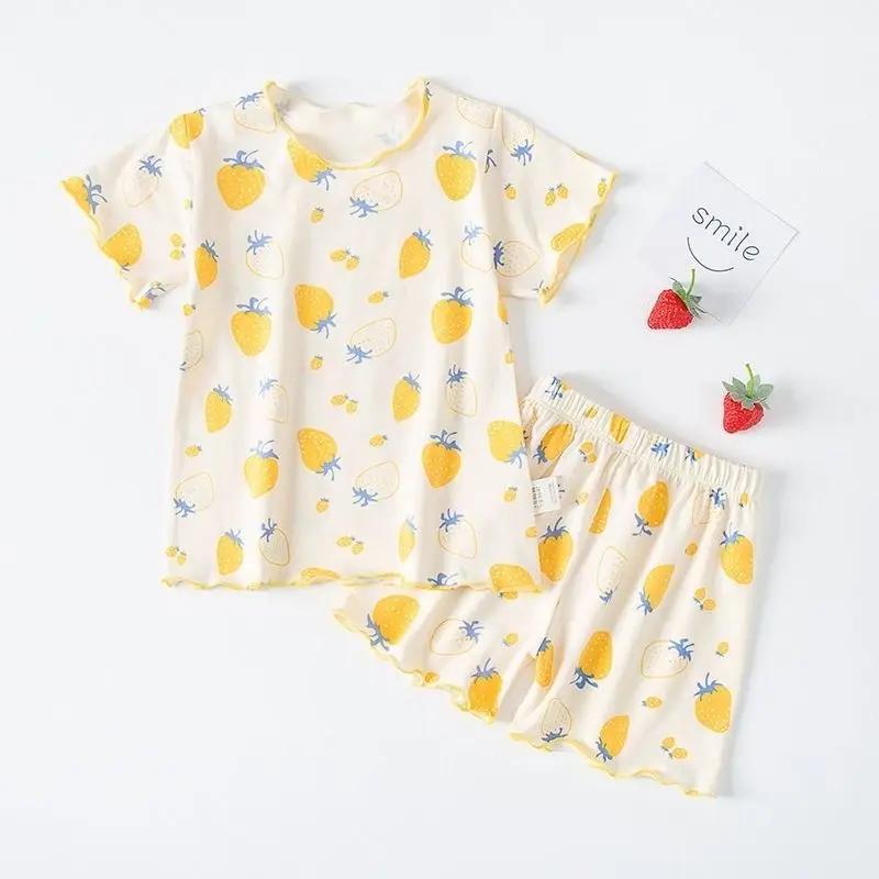 Girls Summer Pajama Set Strawberry Print Shorts Pink Peaches Tee Baby Cool Comfort Homewears Soft Breathable Sleepsuits for Play