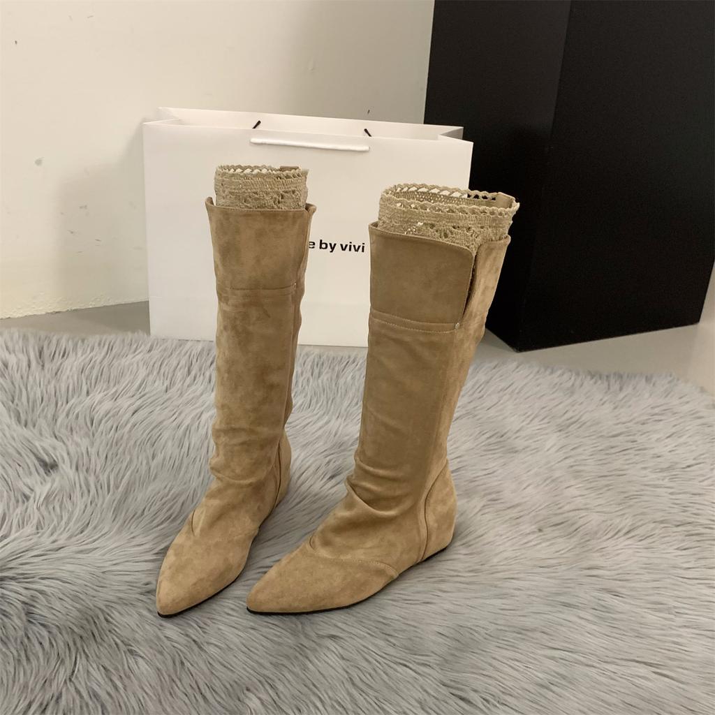 Inner Heightening Pointed Lace Pile Boots Boots Women's Boots 2025 Fall/Winter Suede Brown Maillard Boots