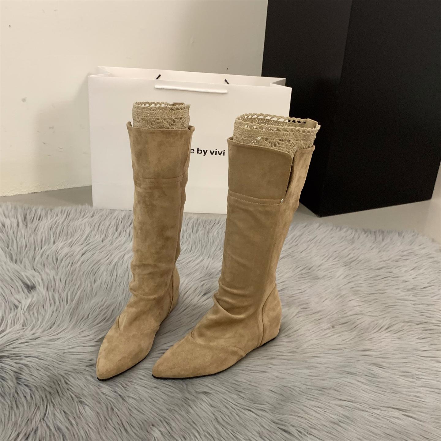 

Inner Heightening Pointed Lace Pile Boots Boots Women s Boots 2025 Fall/Winter Suede Brown Maillard Boots 39