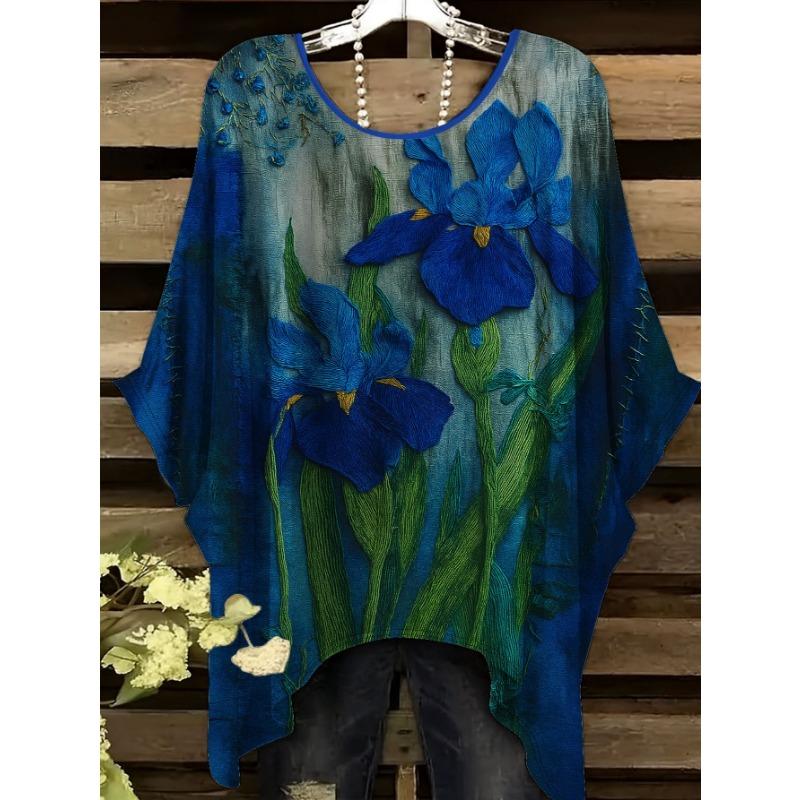 Women Plus Size Purple Floral Print T-Shirt Swallowtail Hem Round Neck Short Sleeve Casual Summer Tops