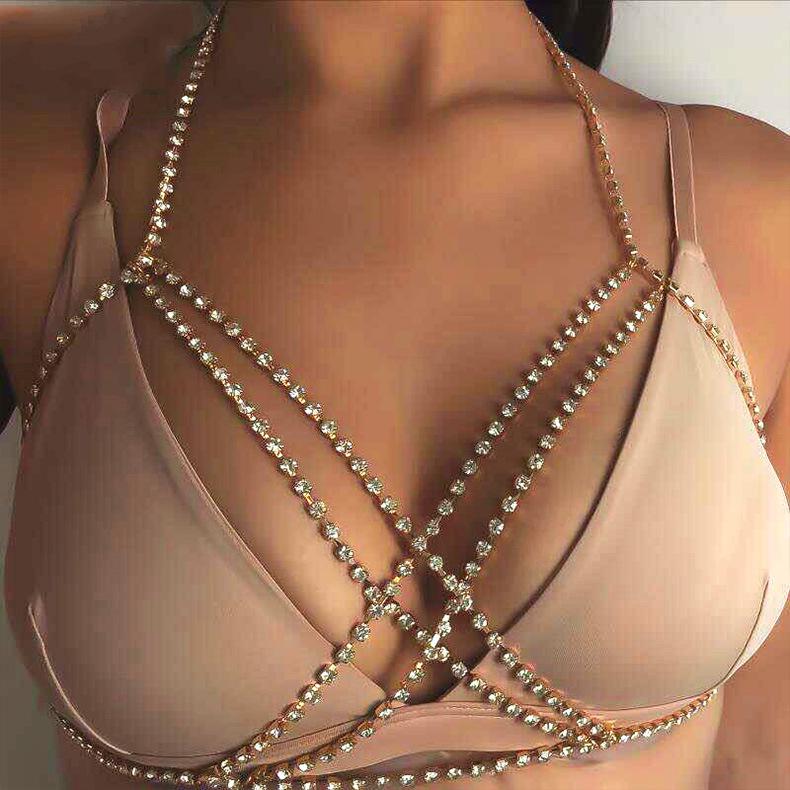 Sexy Breast Chain, Cross Rhinestone Sexy Bohemian Beach Necklace Cross Body Chain