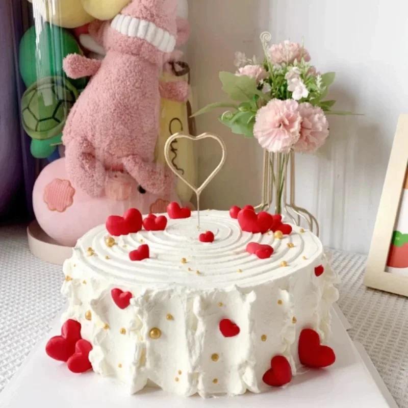5pcs Birthday 3D Red Heart Cake Toppers Pink Heart Love Cake Decor Happy Birthday Anniversary Wedding Cupcake DIY Decoration