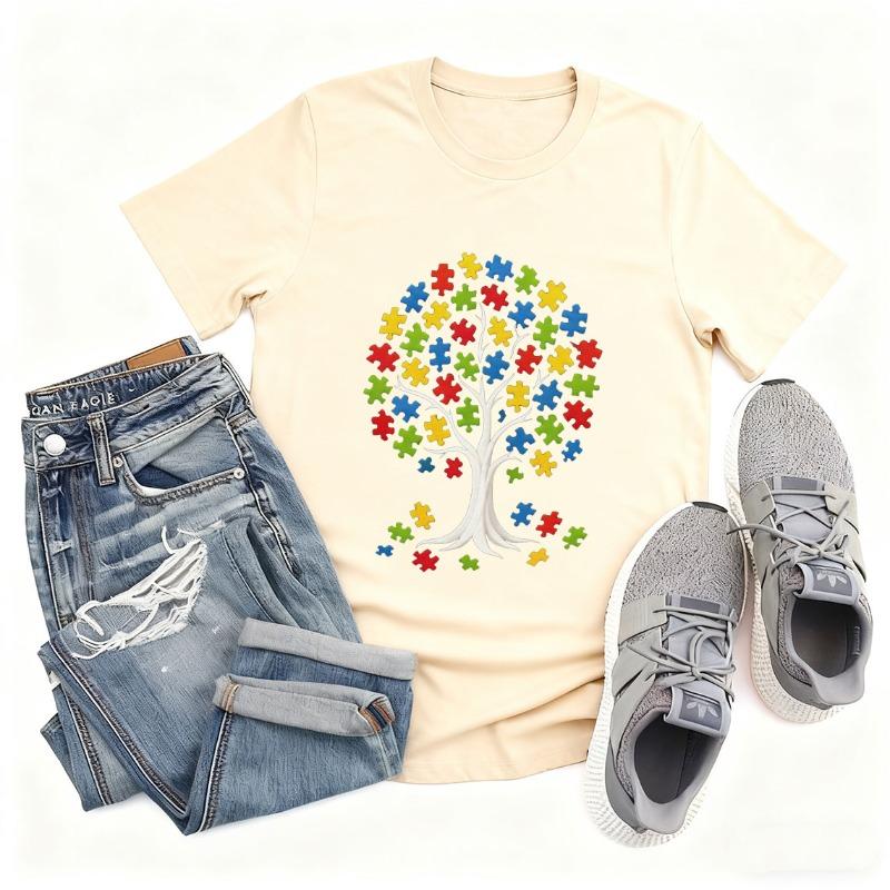 Puzzle Piece Tree Autism Awareness Cotton T Shirt Neurodiversity Puzzle Tee Support Autism  Inclusion Gift for Teachers Parents S