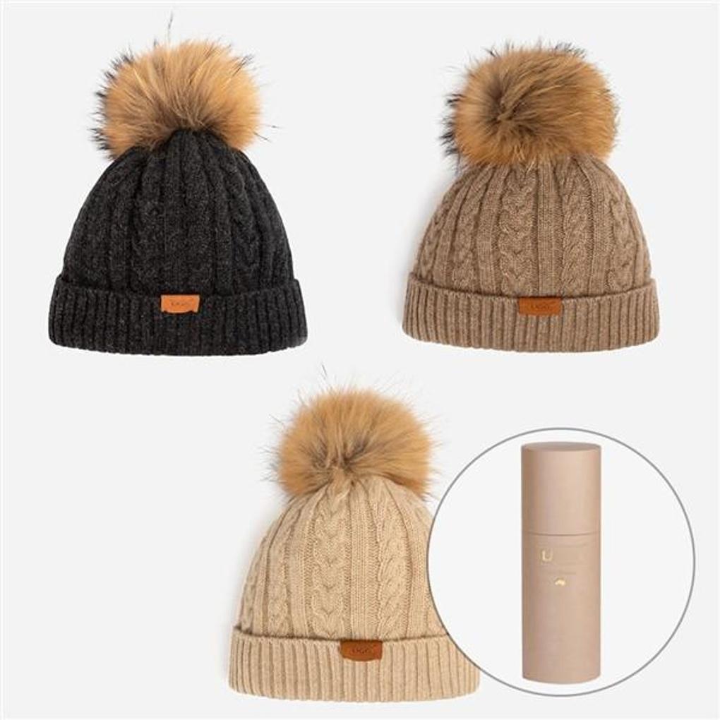 

Cable Knit Pure Cashmere Detachable Pom-Pom Beanie OZC001 NATURAL BROWN (MELANGE)