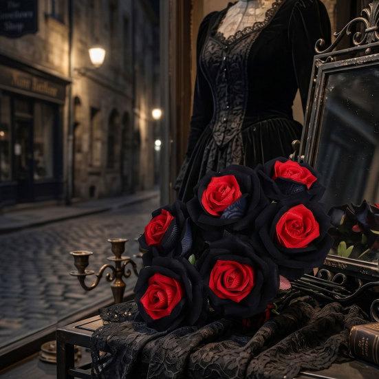 Flor de Rosa Artificial, Rosa Gótica Negra Roja de Seda Artificial con Tallo Largo para Arreglo Floral de Halloween, Centro de Mesa para Bodas en Casa