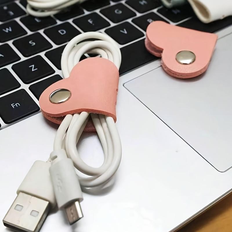10Pcs Heart Shaped PU Leather Cable Storage Organizer Straps Earphone Cord Management Winder Ties