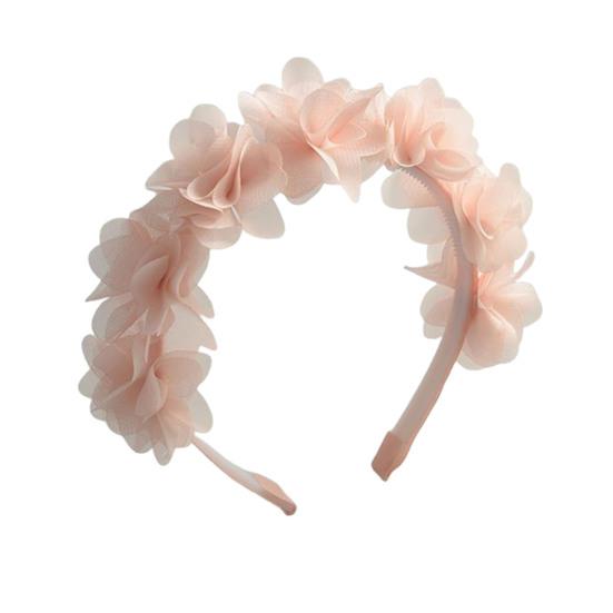 Soft Yarn Headband with Gauze Flowers Faux Pearls Decor Romantic