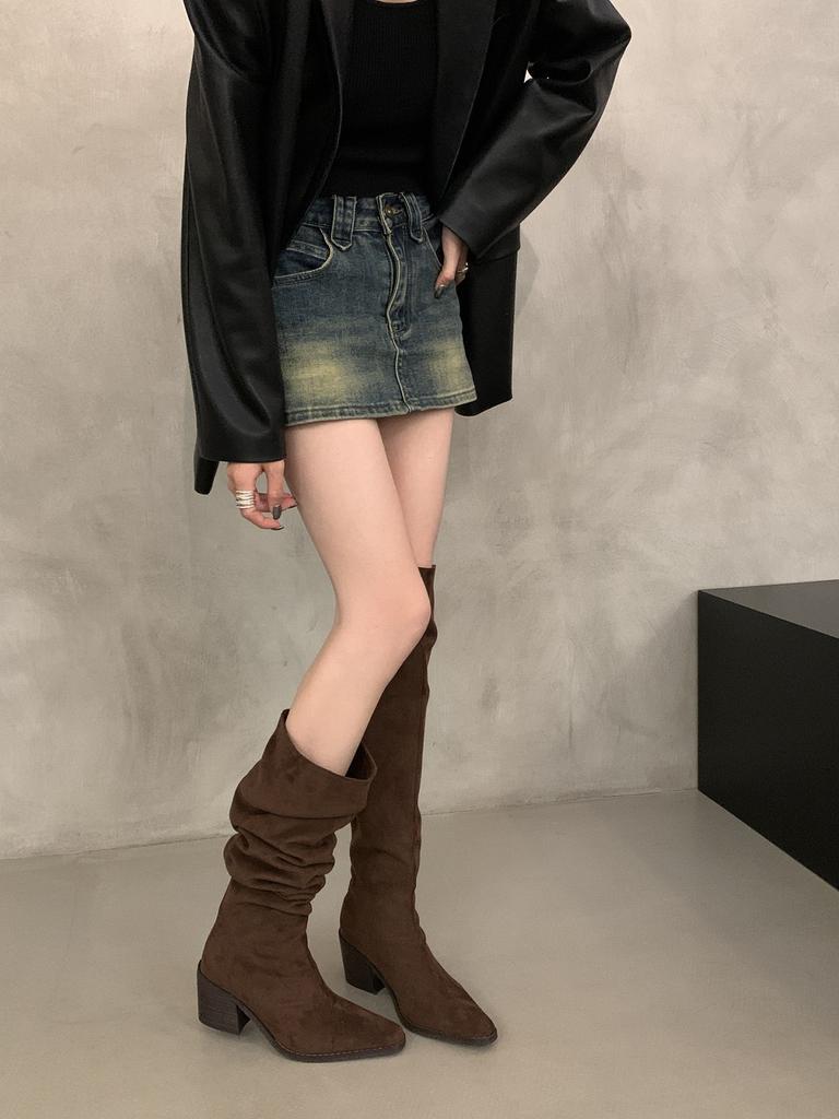 Vintage High Heel Suede Western Medium Boots Women's Season Fleece Pointed Pile Long Knight Boots