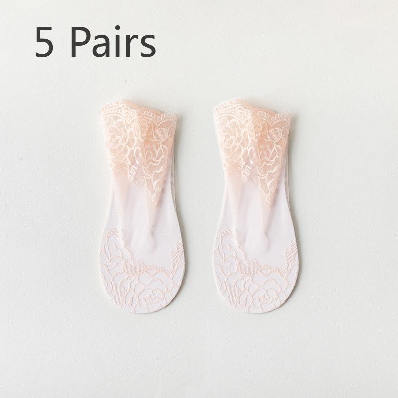 5 Pairs Summer Hollowed-out Lace Invisible Boat Socks with Women's Shallow Cut Non-slip Socks