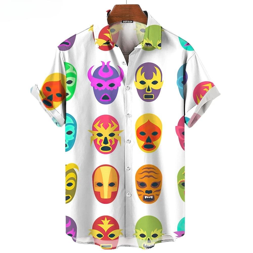Camisa de Hombre con Estampado de Máscara 3D Verano Lucha Libre Camisa de Manga Corta Casual Camisa Hawaiana para Hombre Ropa Holgada Lucha Libre Mexicana