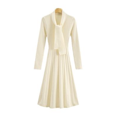 A New High-end Women's Autumn and Winter Dress with A Scarf Collar and A Cinched Waist