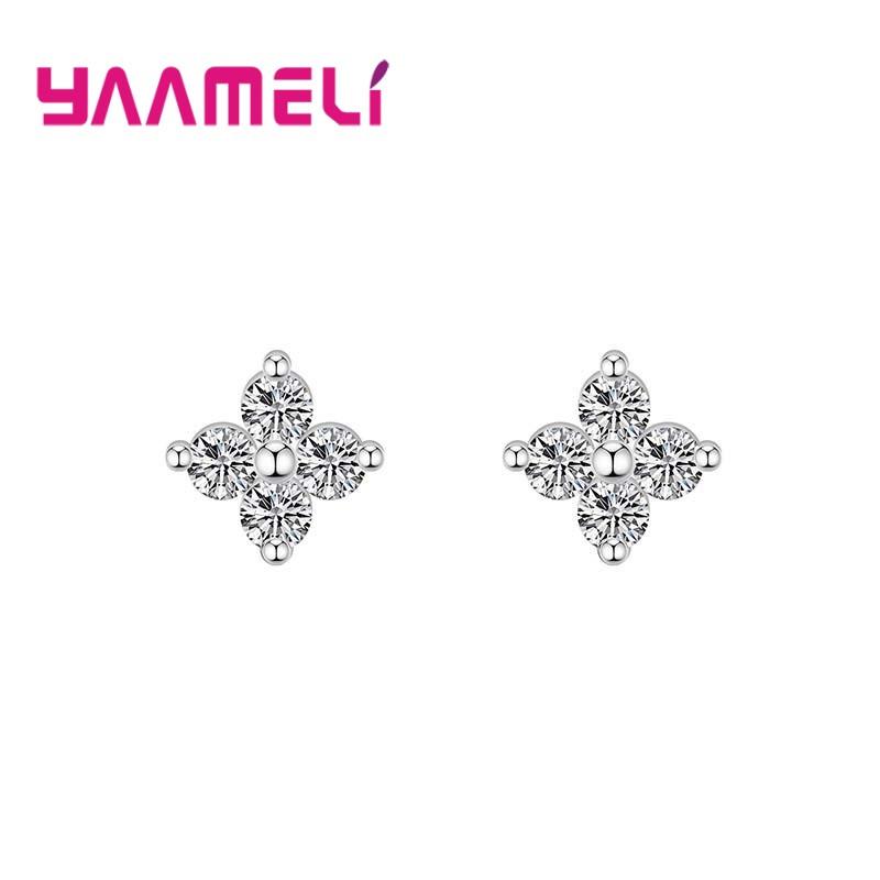 925 Silver Clover Stud Earrings with Sparkling Zircon for Women and Girls