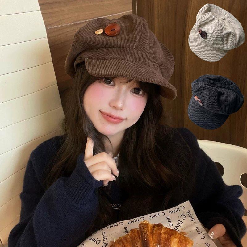 Womens Corduroy Octagonal Newsboy Cap Double Wooden Buttons Soft Face Flattering Beret Hat For Autumn Winter Daily Outfit