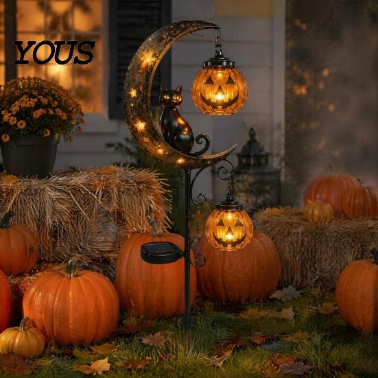 Whimsical Outdoor Holiday Decorations Halloween Solar Garden Stake Light, Black Cat Pumpkin On Crescent Moon with Powered Yard Art Hanging Lantern,