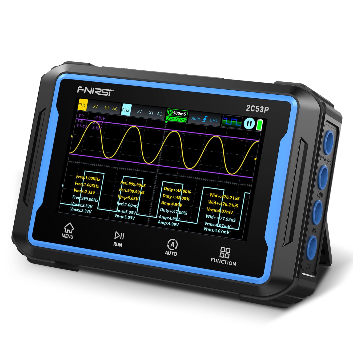 

FNIRSI 2C53P 50MHz Sample Digital Handheld Signal Portable Oscilloscope, 2-Channel Touchscreen, Bandwidth, 10MS/s Rate, 3-in-1 Oscilloscope, 4.5-Digit синій