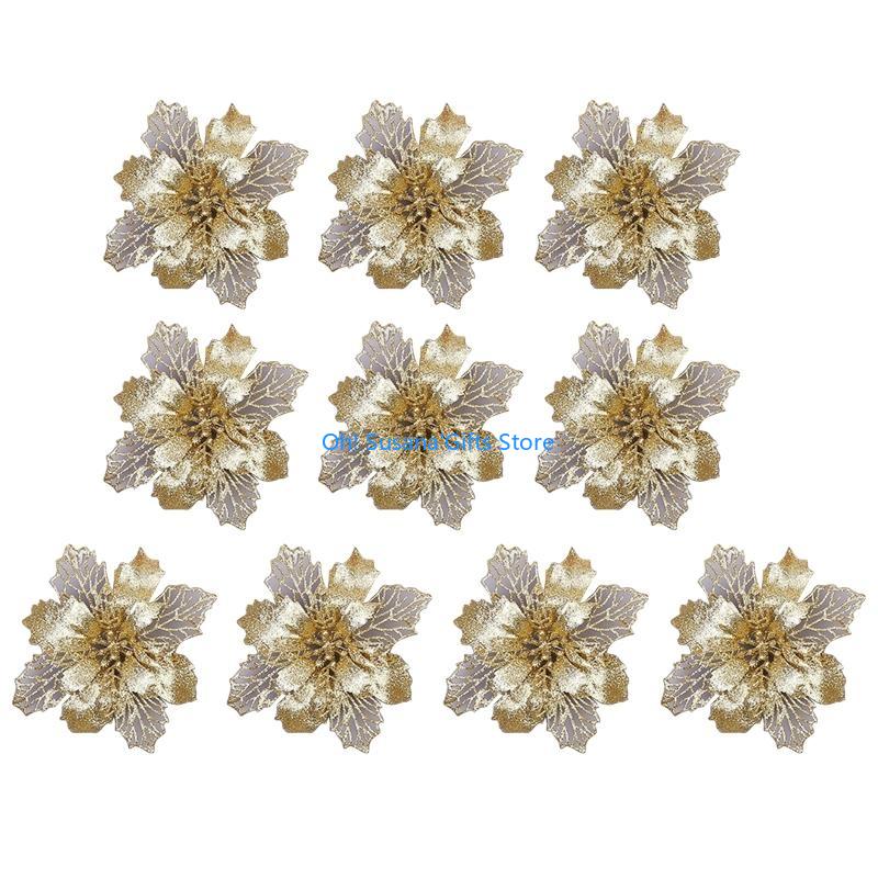 

090D 10pcs 11cm Big Artificial Glitter Flower Christmas Tree Pendants Ornament DIY золотий
