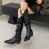 Pointed thick-heeled boots 2025 autumn western pleated stacking boots V-mouth but knee-high small boots
